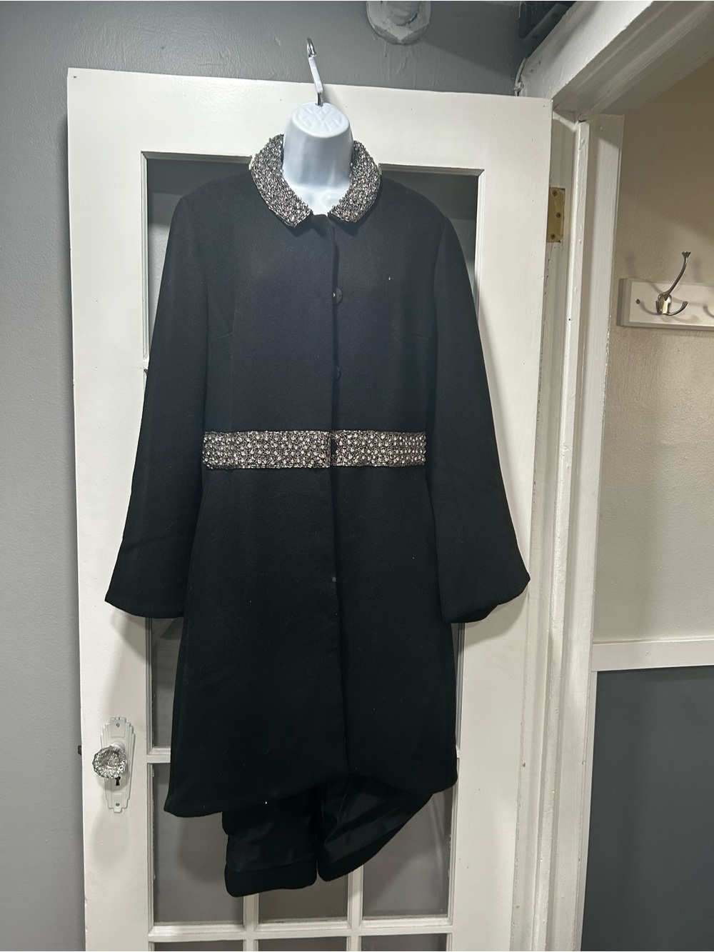 VENUS Black Pea Coat with Beaded Collar and Waistband